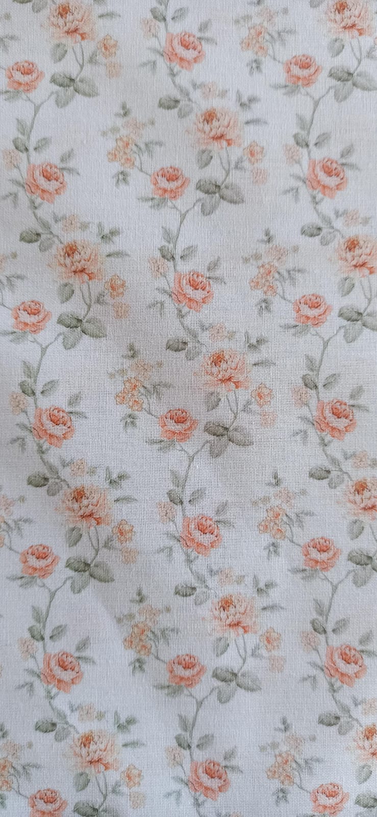 Vista del estampado floral de rosas melocotón sobre blanco