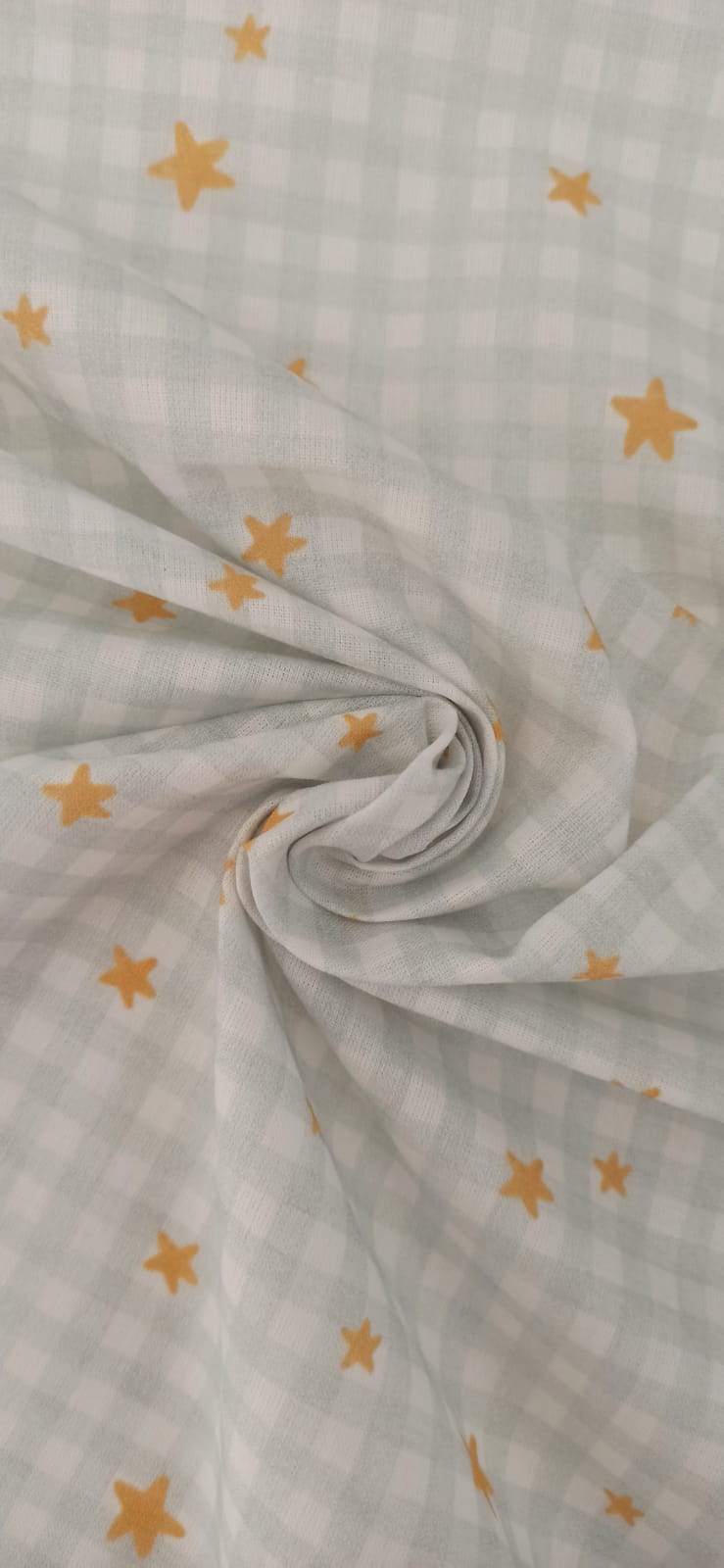 Algodón vichy gris con estrellas doradas, cuadros de 5 mm, tela infantil por metros