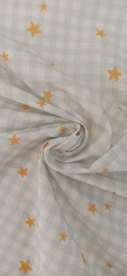 Algodón vichy gris con estrellas doradas, cuadros de 5 mm, tela infantil por metros