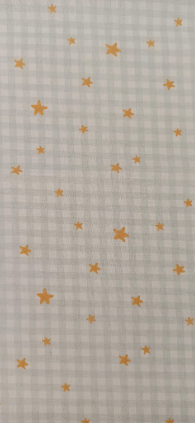 Algodón vichy gris con estrellas doradas, cuadros de 5 mm, tela infantil por metros