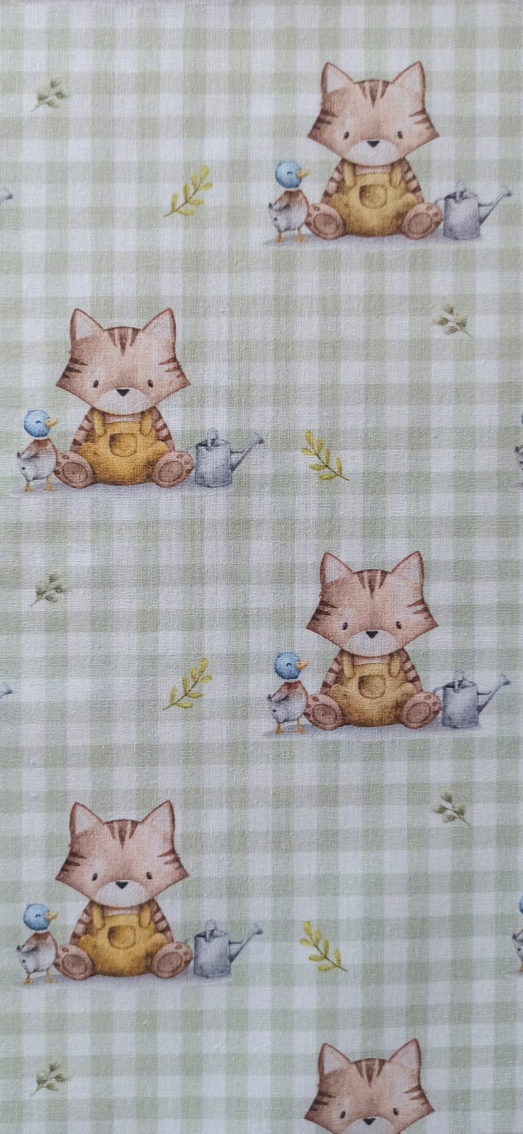 Tela Algodón Infantil Gatitos Fondo Vichy Verde - tela de algodón ancho 1,40m