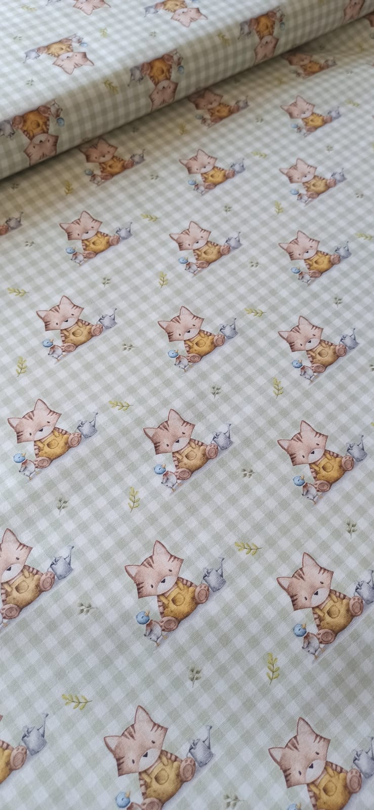 Tela Algodón Infantil Gatitos Fondo Vichy Verde - tela de algodón ancho 1,40m