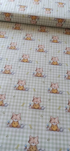 Tela Algodón Infantil Gatitos Fondo Vichy Verde - tela de algodón ancho 1,40m