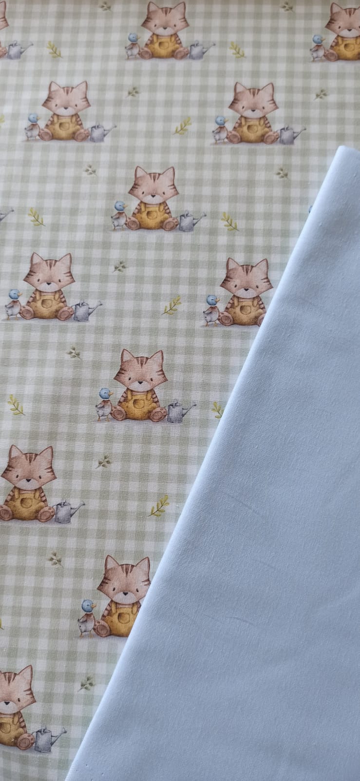 Tela Algodón Infantil Gatitos Fondo Vichy Verde - tela de algodón ancho 1,40m