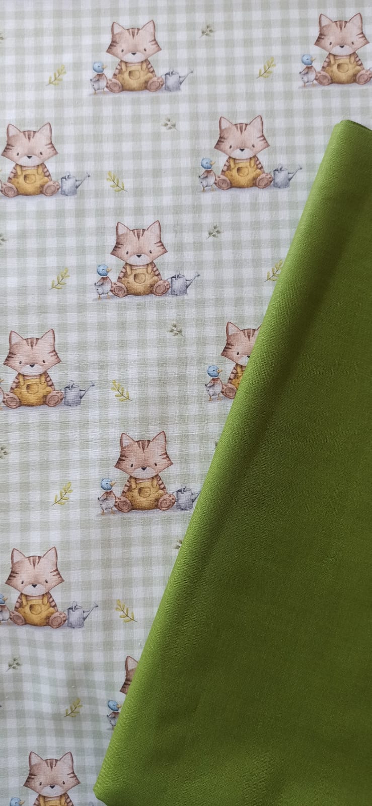 Tela Algodón Infantil Gatitos Fondo Vichy Verde - tela de algodón ancho 1,40m
