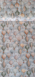 Algodón 100% con estampado de globos aerostáticos en tonos pastel sobre fondo de nubes · Las telas de la tata