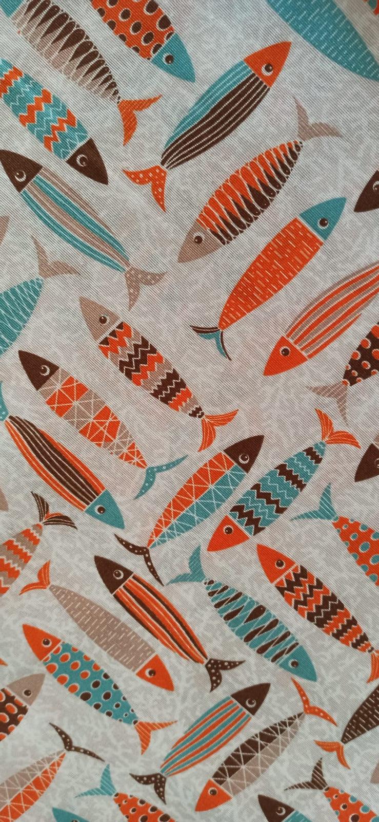 Loneta estampado peces naranja turquesa marrón fondo gris ancho 2,80 m