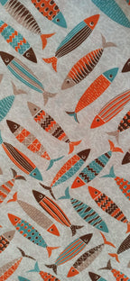 Loneta estampado peces naranja turquesa marrón fondo gris ancho 2,80 m