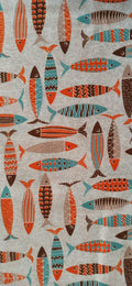 Loneta estampado peces naranja turquesa marrón fondo gris ancho 2,80 m