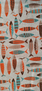 Loneta estampado peces naranja turquesa marrón fondo gris ancho 2,80 m