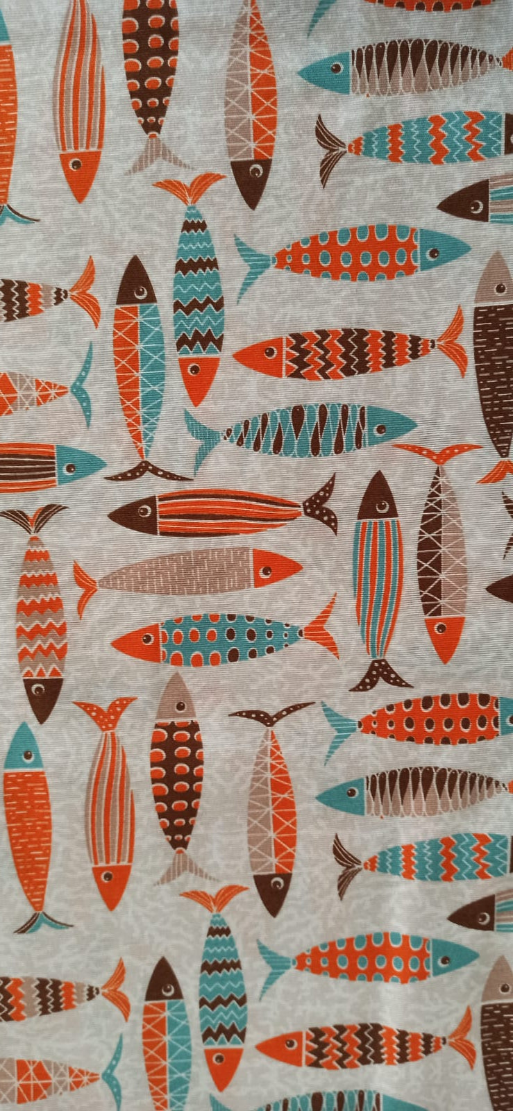 Loneta estampado peces naranja turquesa marrón fondo gris ancho 2,80 m