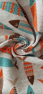 Loneta estampado peces naranja turquesa marrón fondo gris ancho 2,80 m