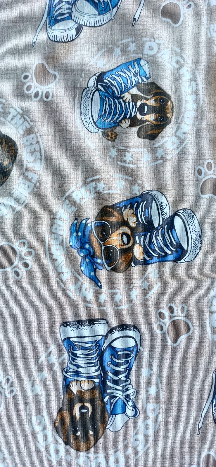 Loneta Dachshund con Bambas, estampado digital, fondo beige