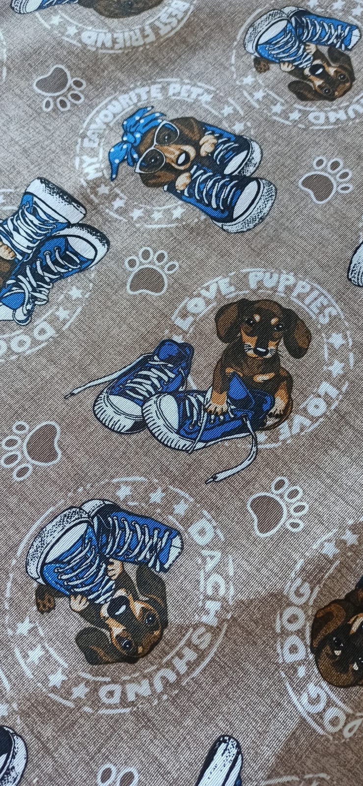 Loneta Dachshund con Bambas, estampado digital, fondo beige