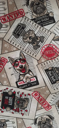 Loneta estampado perros fichas policiales Wanted Bad Dog fondo crudo ancho 2,80 m
