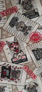 Loneta estampado perros fichas policiales Wanted Bad Dog fondo crudo ancho 2,80 m
