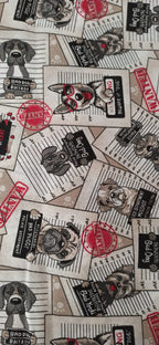 Loneta estampado perros fichas policiales Wanted Bad Dog fondo crudo ancho 2,80 m