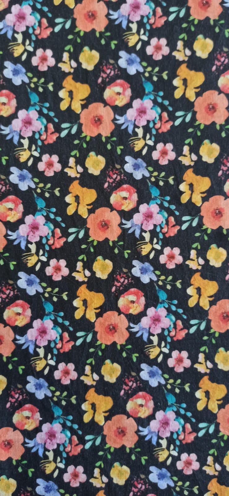 Retal de algodón estampado flores multicolor fondo negro - 0,69 x 1,40 m