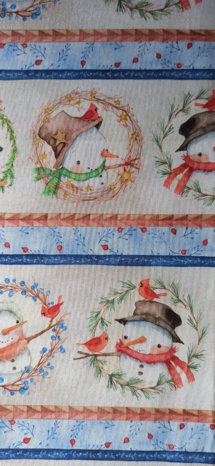 Detalle de muñecos de nieve con bufandas y pajaritos rojos entre cenefas azules