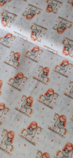 Algodón infantil estampado niña pelirroja unicornio corazones fondo blanco ancho 1,40 m
