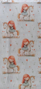 Algodón infantil estampado niña pelirroja unicornio corazones fondo blanco ancho 1,40 m