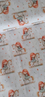 Algodón infantil estampado niña pelirroja unicornio corazones fondo blanco ancho 1,40 m