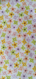 Retal algodón piqué flores multicolor amarillo lila rosa verde fondo blanco 0,80x1,45 m