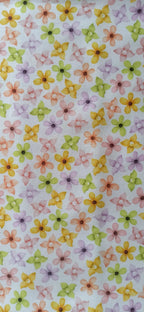 Retal algodón piqué flores multicolor amarillo lila rosa verde fondo blanco 0,80x1,45 m