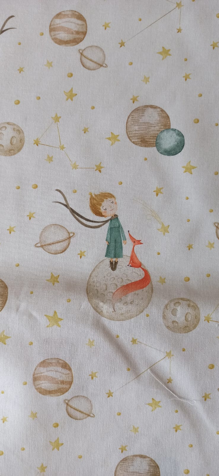 Algodón infantil estampado El Principito zorro planetas estrellas fondo blanco ancho 1,40 m