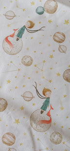 Algodón infantil estampado El Principito zorro planetas estrellas fondo blanco ancho 1,40 m