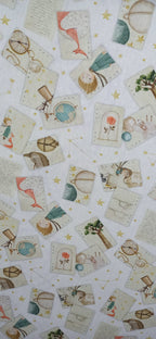 Estampado de El Principito en recuadros con estrellas sobre tela de algodón clara