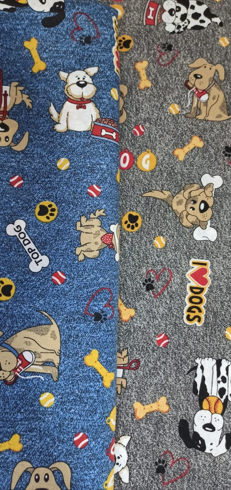 Comparativa de las lonetas Perritos y Huesos: versión con fondo azul vaquero (TOP DOG) y versión con fondo gris jaspeado (I ❤️ Dogs)