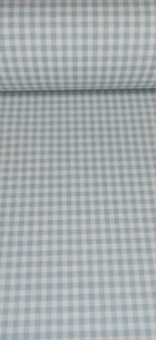 Detalle del estampado de cuadros vichy verde agua de 5 mm sobre algodón blanco