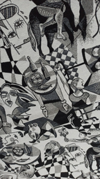 Retal gobelino cubista estilo Picasso blanco y negro - detalle figuras