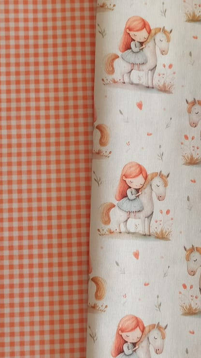 Lote de dos telas de algodón: Vichy Naranja de 3 mm y Niña y Unicornio